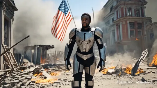 Determined Man in High-Tech Armor Walks Through Destroyed Cityscape – AI Generated Video | Hailuo AI