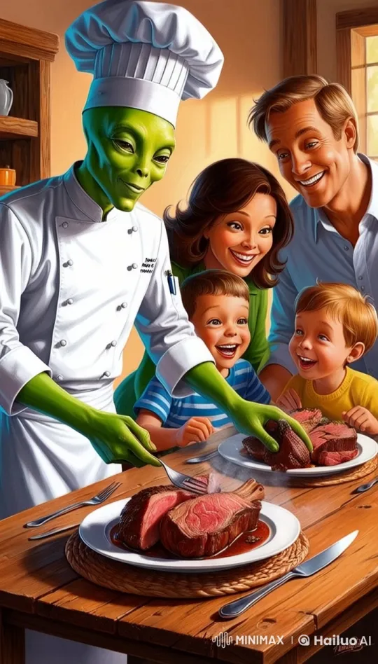 Family Watches Chef Prepare Steaks in Animated Video – AI Generated Video | Hailuo AI