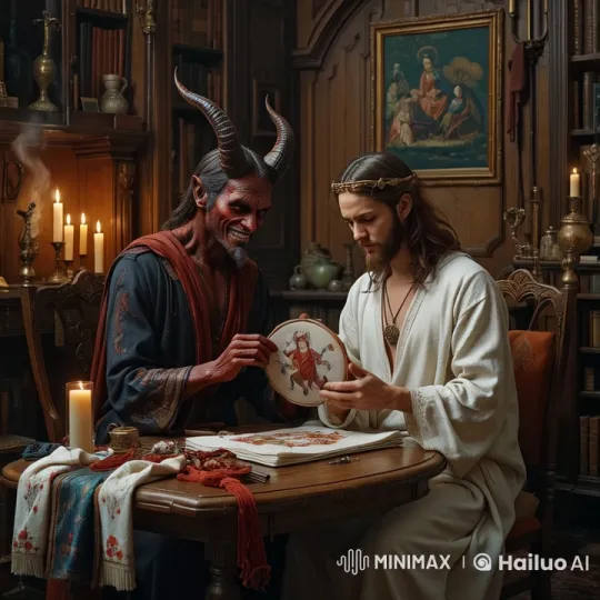 Devilish Figure and Robed Individual Collaborate on Embroidery in Antique Library – AI Generated Video | Hailuo AI