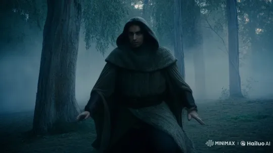 Dark-Haired Man Conjures Flames in Misty Forest – AI Generated Video | Hailuo AI