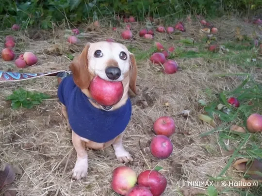 Dog in Blue Sweater Leaps Off Cliff with Apple – AI Generated Video | Hailuo AI