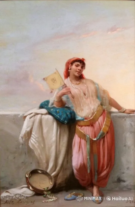 Woman in Vibrant Harem Outfit Waves Flag on Stone Ledge – AI Generated Video | Hailuo AI