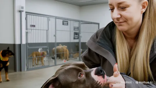 Trainer Caring for Pit Bull in Humane Shelter Setting – AI Generated Video | Hailuo AI