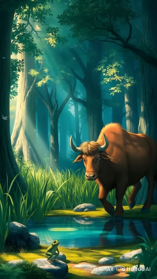 Majestic Ox Approaches Serene Forest Pond – AI Generated Video | Hailuo AI