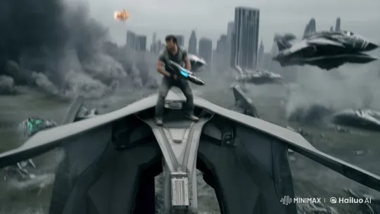 War-Torn Alien Invasion Scene with Determined Protagonist – AI Generated Video | Hailuo AI