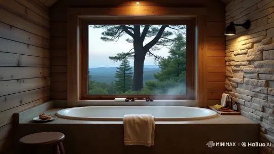 Cozy Wooden Bathroom with Steaming Tub and Forest View – AI Generated Video | Hailuo AI