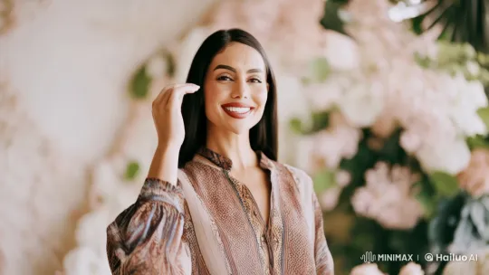 Sophisticated Model Showcases Joyful Poise in High-Quality Fashion Clip – AI Generated Video | Hailuo AI