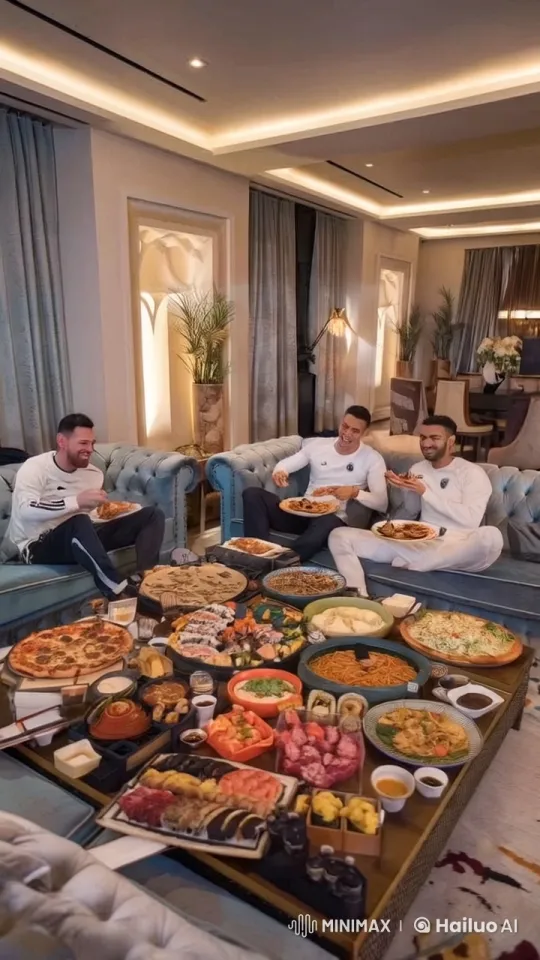 Sports Icons Enjoy Feast in Cozy Drawing Room – AI Generated Video | Hailuo AI