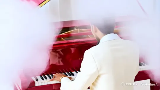 Dreamy Piano Performance by a Young Man in White Tuxedo – AI Generated Video | Hailuo AI