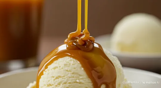 Luxurious Caramel Drizzle on Vanilla Ice Cream – AI Generated Video | Hailuo AI