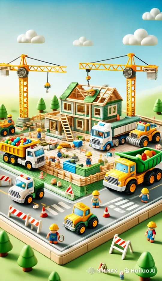 Animated Toy House Construction Site with Busy Workers – AI Generated Video | Hailuo AI