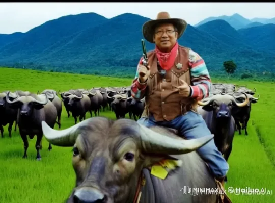 Cowboy Leads Buffalo Herd Across Green Field – AI Generated Video | Hailuo AI