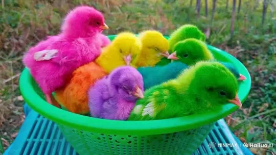 Colorful Chicks Joyfully Singing in Outdoor Basket – AI Generated Video | Hailuo AI