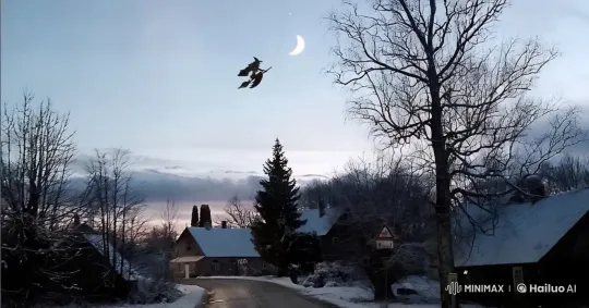 Witch's Eerie Flight Over Winter Village – AI Generated Video | Hailuo AI