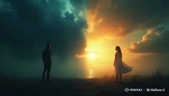 Cliffside Sunset: Dual Figures Amidst Light and Darkness – AI Generated Video | Hailuo AI