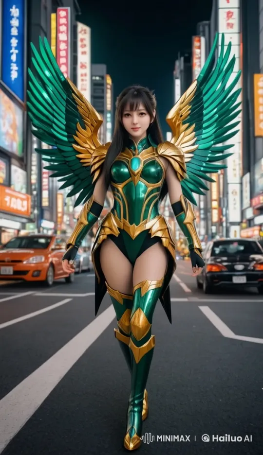 Woman in Green Armor Struts Through Neon Cityscape – AI Generated Video | Hailuo AI