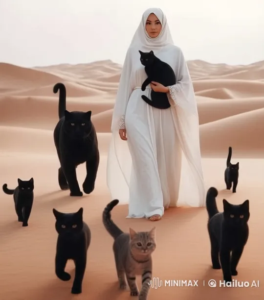 Woman and Cats Gracefully Walk in a Live2D Desert Scene – AI Generated Video | Hailuo AI