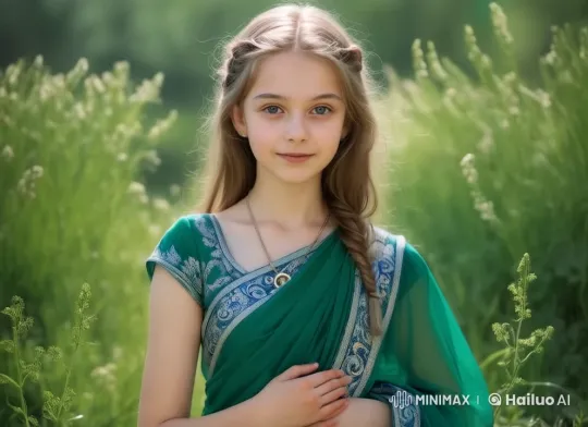 Girl in Green Saree Smiles Amidst Gentle Breeze – AI Generated Video | Hailuo AI