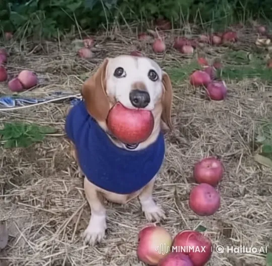 Adorable Dog in Apple Orchard with Red Apple – AI Generated Video | Hailuo AI