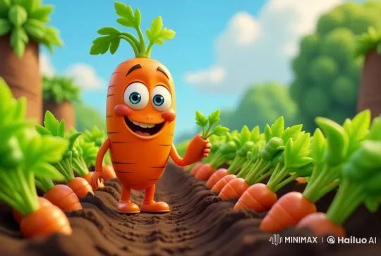 Animated Anthropomorphic Carrot Harvests Joyfully – AI Generated Video | Hailuo AI