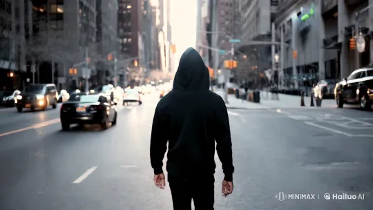 Urban Solitude: A Hooded Figure Amidst City's Rush – AI Generated Video | Hailuo AI