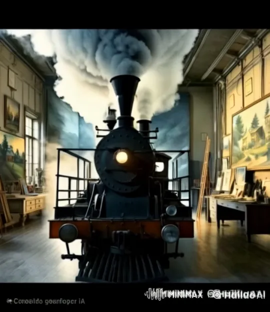 Vintage Train Navigates Artistic Room with Dramatic Smoke – AI Generated Video | Hailuo AI