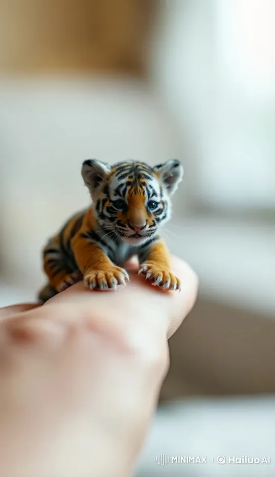 Adorable Tiger Cub on Hand with Soft Focus Background – AI Generated Video | Hailuo AI