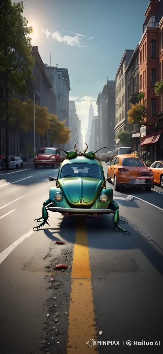 Vintage Beetle Meets Insect in Animated City Street Scene – AI Generated Video | Hailuo AI