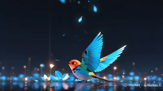 Magical Bird on Reflective Surface with Glowing Flowers – AI Generated Video | Hailuo AI