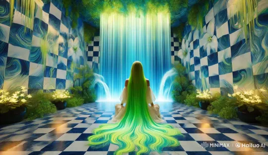 Mystical Serenity: Enchanted Woman Amidst Cascading Waterfall – AI Generated Video | Hailuo AI