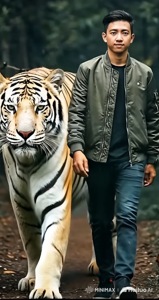 Man and Tiger Walk in Harmony Through Serene Forest – AI Generated Video | Hailuo AI