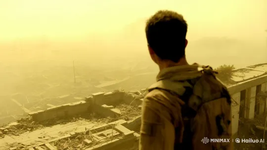 Survivor on Rooftop Amidst Post-Apocalyptic Cityscape – AI Generated Video | Hailuo AI