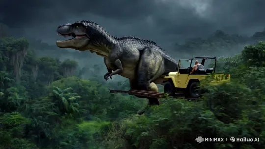 T-Rex Encounters Visitor in Stormy Jungle Park Scene – AI Generated Video | Hailuo AI