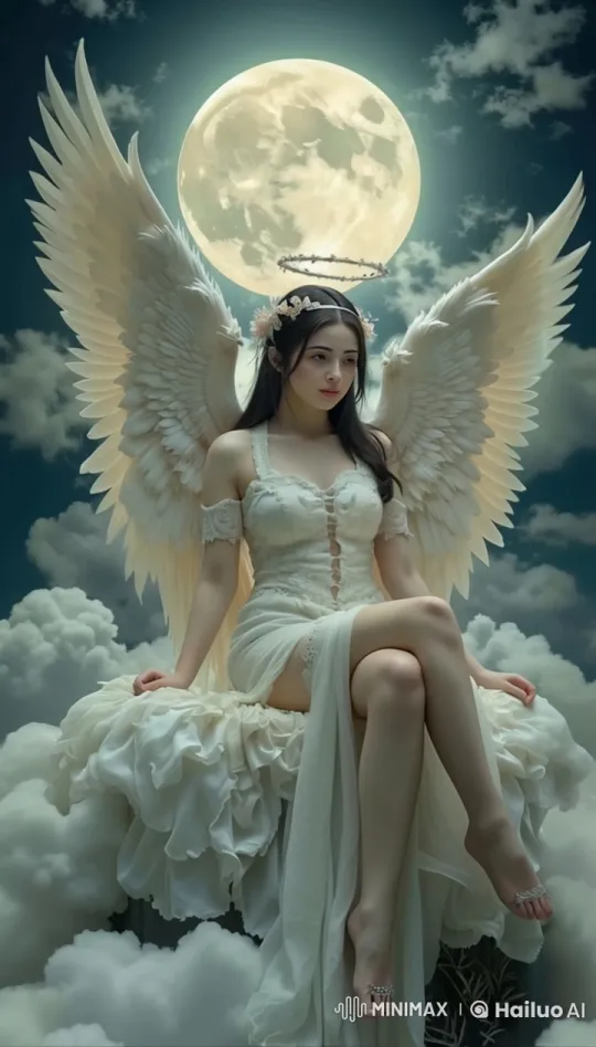 Angel in Moonlit Clouds with Graceful Wings – AI Generated Video | Hailuo AI