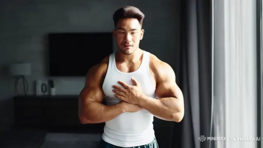 Muscular Man Showcases Physique in Modern Room – AI Generated Video | Hailuo AI