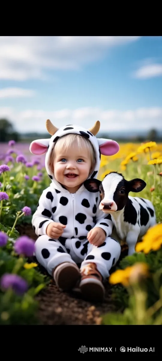 Baby in Cow Costume Joyfully Interacts with Calf in Flower Field – AI Generated Video | Hailuo AI