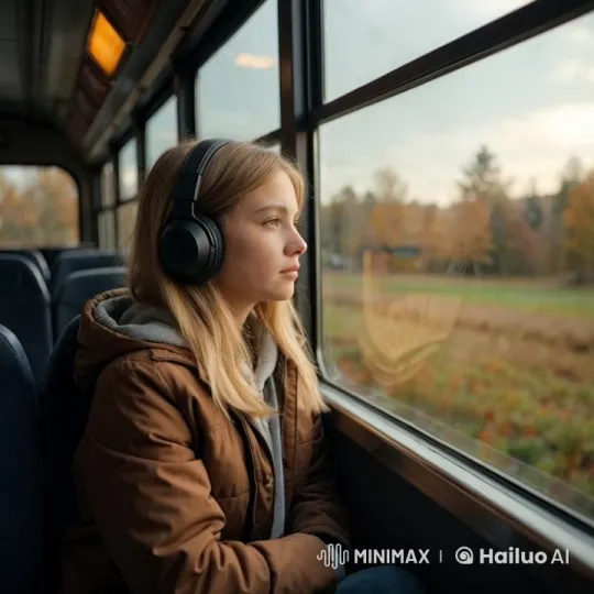Contemplative Woman Enjoying Music on Autumn Train Journey – AI Generated Video | Hailuo AI