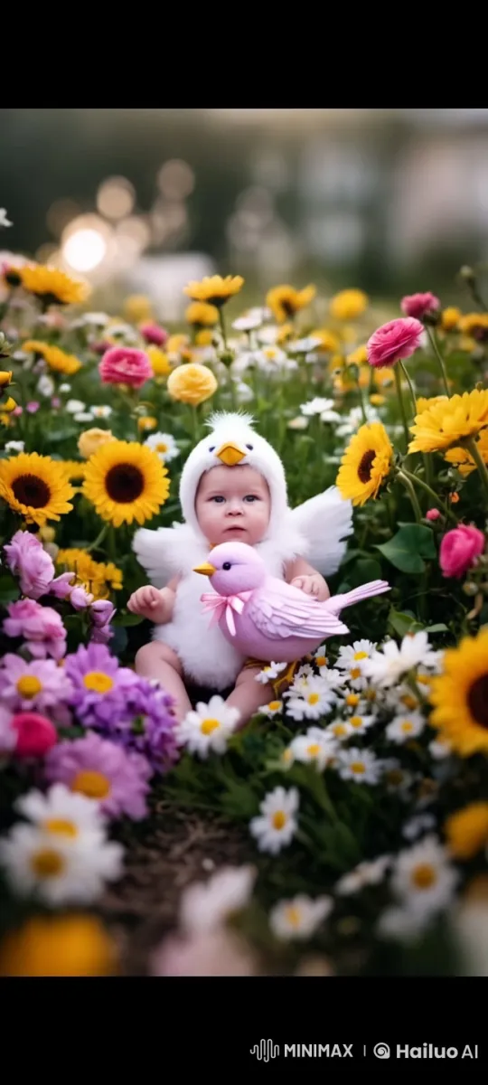 Baby in Chick Costume in Colorful Garden – AI Generated Video | Hailuo AI