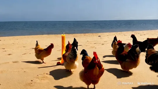 Chickens Dance Around Candle on Serene Beach – AI Generated Video | Hailuo AI