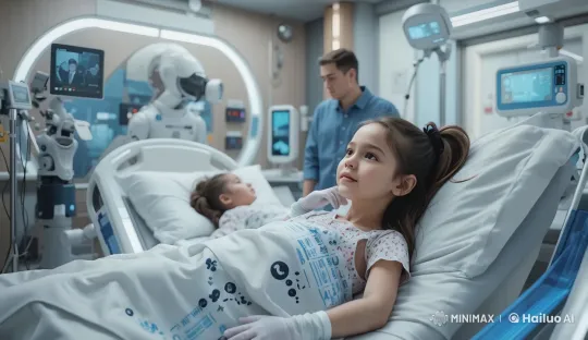 Futuristic Hospital Room with Smiling Girl and Robotic Assistant – AI Generated Video | Hailuo AI
