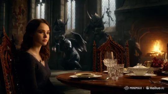 Contemplative Young Woman Amidst Gothic Dining Elegance – AI Generated Video | Hailuo AI