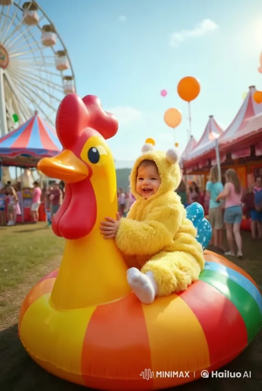 Baby Girl Delighted on Inflatable Rooster at Colorful Carnival – AI Generated Video | Hailuo AI