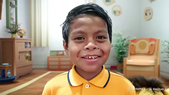 Boy Embraced by Lion in Cozy Room – AI Generated Video | Hailuo AI