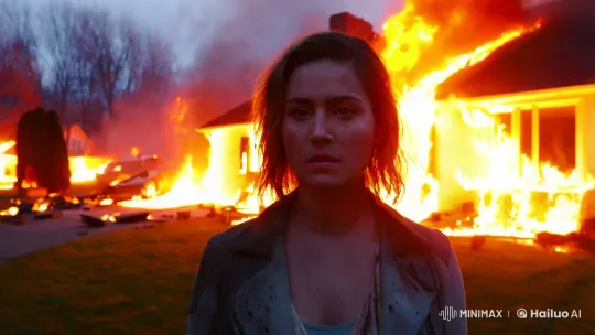 Suburban Blaze: Woman's Silent Vigil Amidst Firestorm – AI Generated Video | Hailuo AI