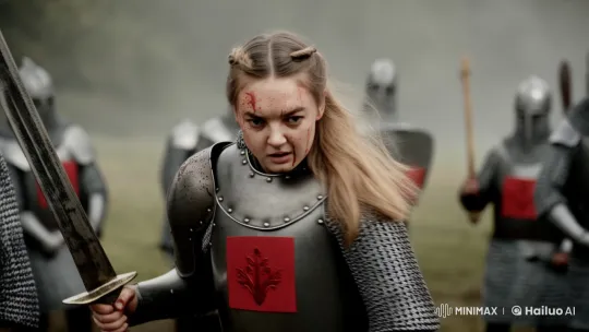 Determined Female Warrior in Chaotic Medieval Battle – AI Generated Video | Hailuo AI