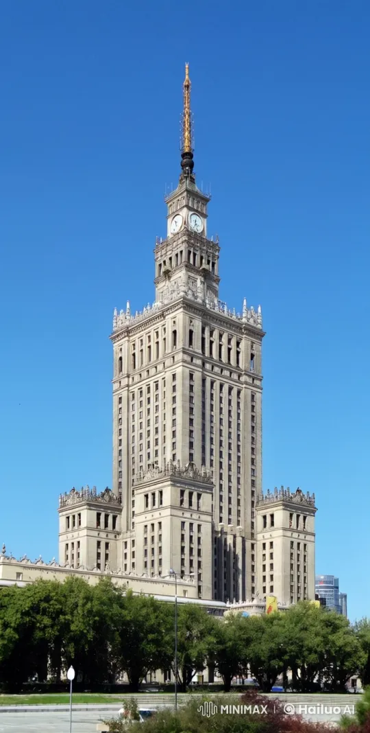 Modern Warsaw: Palace of Culture with Skywriting Banner – AI Generated Video | Hailuo AI