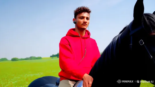Prince-Like Rider on Black Horse in Open Field – AI Generated Video | Hailuo AI