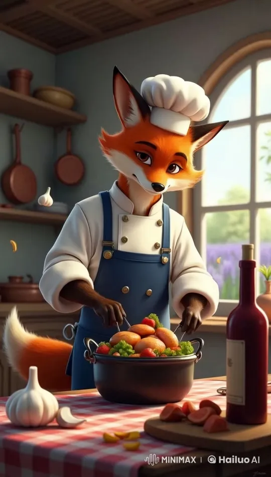 Anthropomorphic Fox Chef Prepares Coq au Vin – AI Generated Video | Hailuo AI