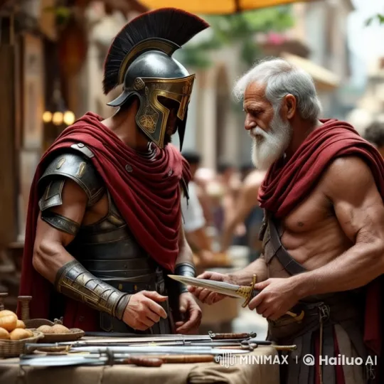 Roman Soldier Examines Dagger in Ancient Marketplace – AI Generated Video | Hailuo AI