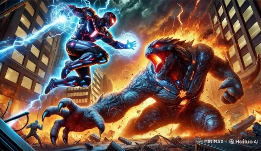 Superhero Fights Monster Amidst City's Destruction – AI Generated Video | Hailuo AI